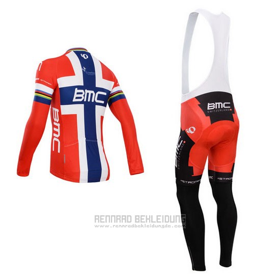 2014 Fahrradbekleidung BMC Champion Norwegen Blau und Rot Trikot Langarm und Tragerhose - zum Schließen ins Bild klicken